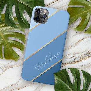 Personalized Custom Light Dark Blue Gold Stripes iPhone 11 Pro Max Case