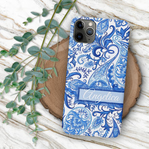 Personalized Custom Light Dark Blue White Paisley iPhone 15 Pro Max Case