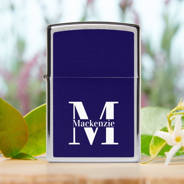 Personalized Custom Made Monogrammed Dark Blue Zippo Lighter (On Table)