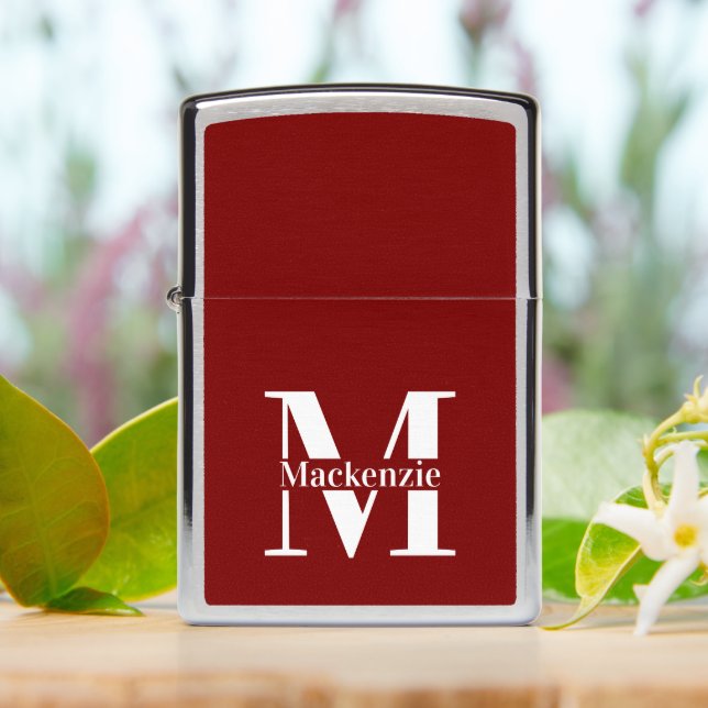 Personalized Custom Made Monogrammed Deep Red Zippo Lighter (On Table)