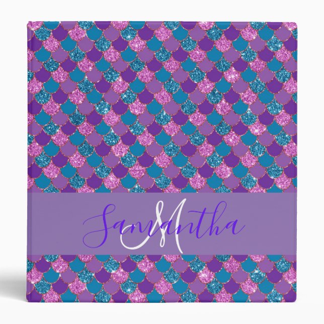 Personalized Custom Mermaid Pink Purple Scales 3 Ring Binder (Front)