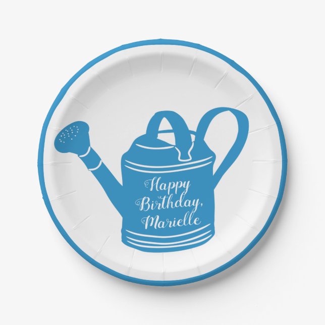 Personalized Custom Message Blue Watering Can Paper Plates (Front)