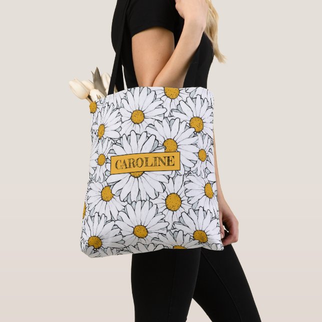 Personalized Custom Modern Daisy Floral Pattern Tote Bag (Close Up)