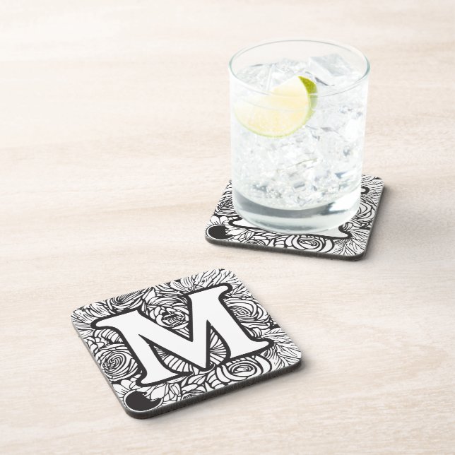 Personalized Custom Monogram Black and White Flora Beverage Coaster (Right Side)