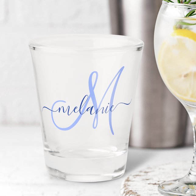 Personalized Custom Monogram Name Handwriting Blue Shot Glass (Creator Uploaded)