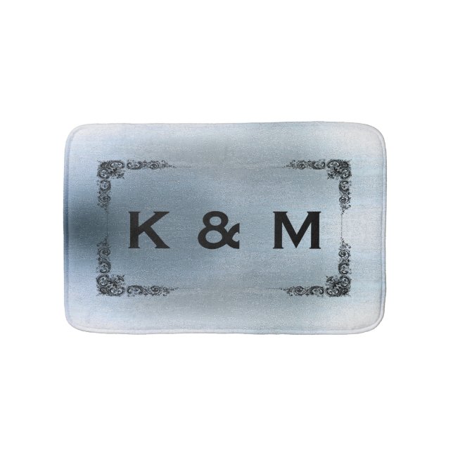 Personalized Custom Monogrammed Blue Gray Swirl Bath Mat (Front)