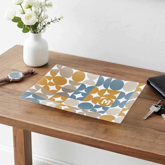 Personalized Custom Mustard Taupe Teal Retro Art Trinket Tray (Creator Uploaded)