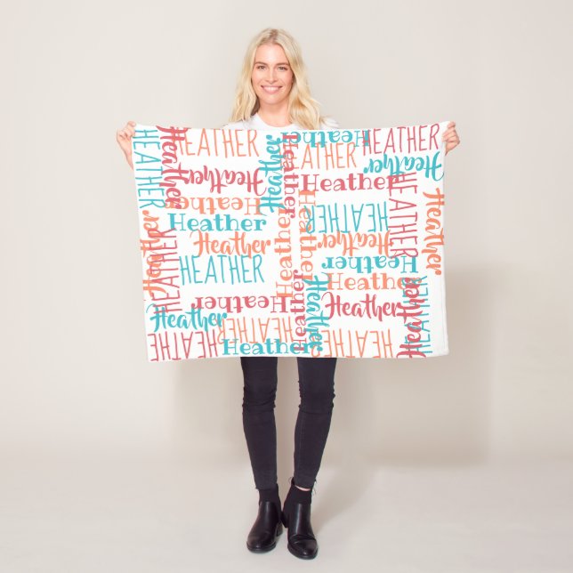 Personalized Custom Name Collage Turquoise Orange Fleece Blanket (In Situ)