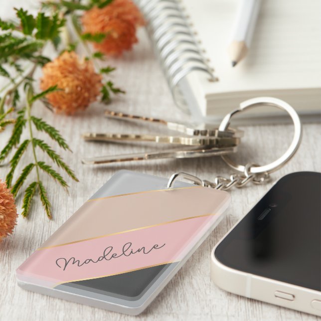 Personalized Custom Name Coral Blush Pink Lines Keychain (Front Right)