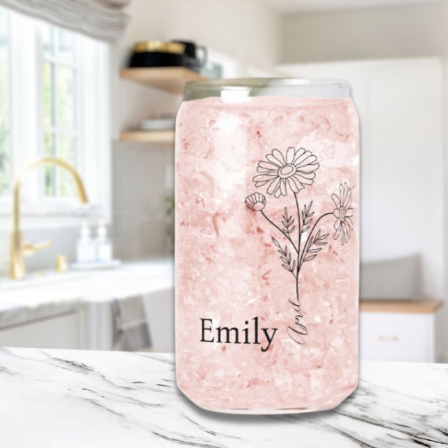 Personalized Custom Name Daisy April Birth Flower Can Glass (Personalized Custom Name Daisy April Birth Flower Can Glass)