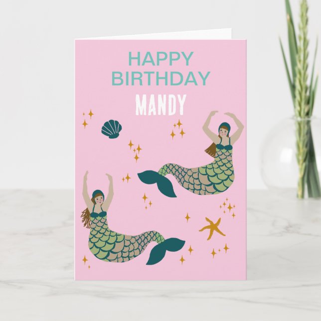 Personalized Custom Name Mermaid Siren Birthday Card (Front)