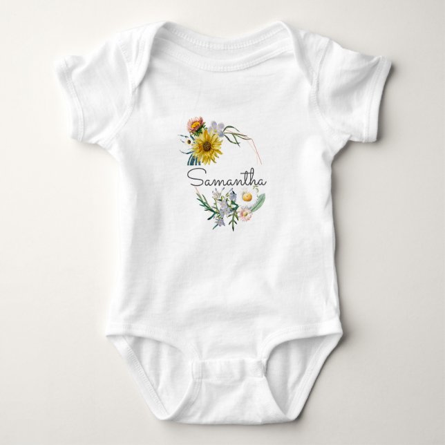 Personalized Custom Name Monogram Floral Wreath Baby Bodysuit (Front)