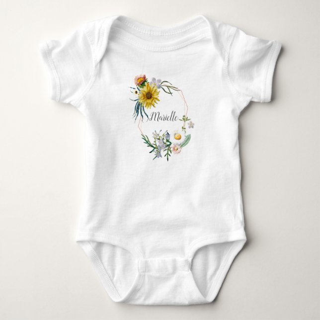 Personalized Custom Name Monogram Floral Wreath Baby Bodysuit (Front)