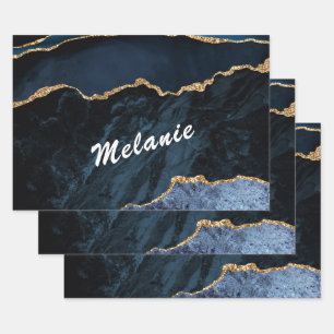 Personalized Custom Name Navy Blue Gold Marble Wrapping Paper Sheets