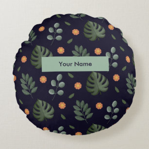 Personalized Custom Name Navy Botanical Round Pillow