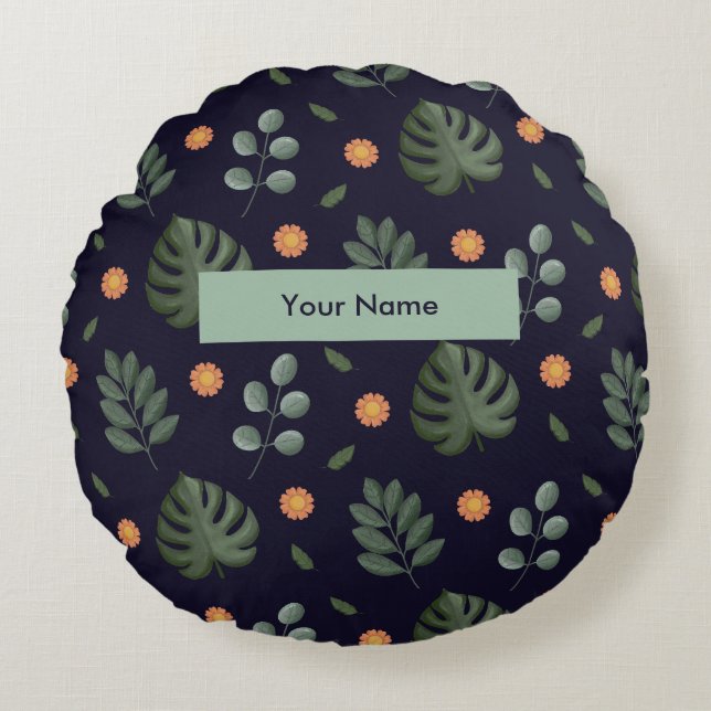 Personalized Custom Name Navy Botanical Round Pillow (Front)
