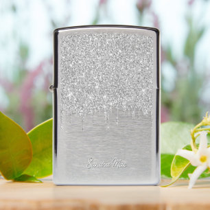 Personalized Custom Name On Silver Grey Glitter Zippo Lighter