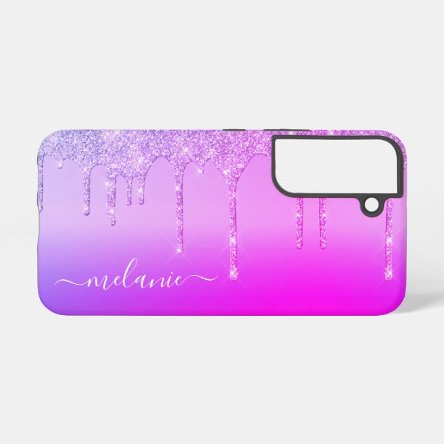 Personalized Custom Name Purple Pink Neon Glitter Samsung Galaxy Case (Back Horizontal)
