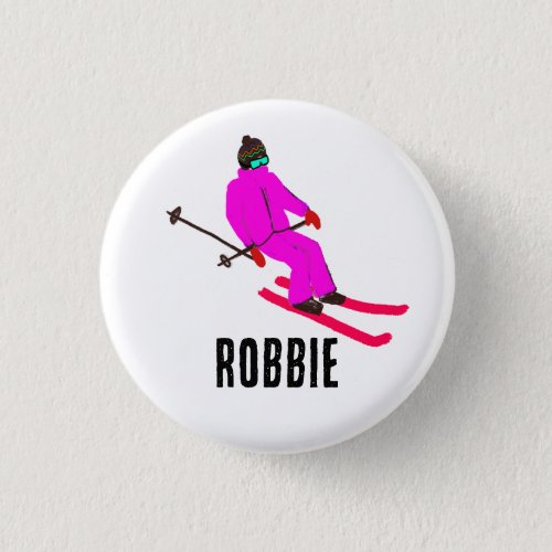  Personalized Custom Name Retro Pink Skier Girl Button