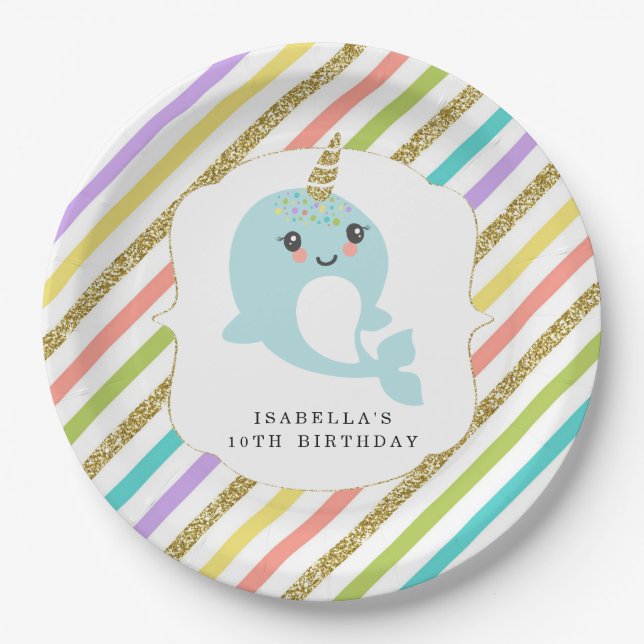 Personalized Custom Narwhal Rainbow Glitter Paper Plates (Front)