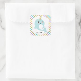 Personalized Custom Narwhal Rainbow Glitter Square Sticker | Zazzle