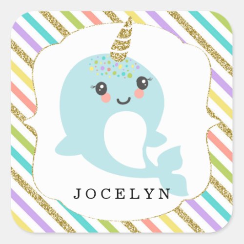 Personalized Custom Narwhal Rainbow Glitter Square Sticker