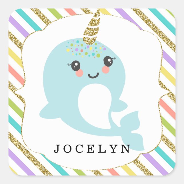 Personalized Custom Narwhal Rainbow Glitter Square Sticker (Front)