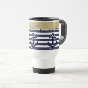 Personalized Custom Nautical Anchors Stripes Travel Mug