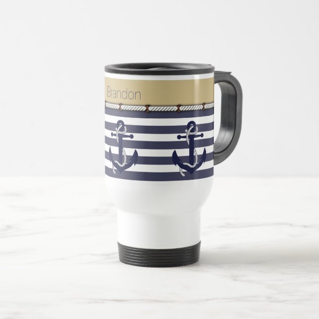 Personalized Custom Nautical Anchors Stripes Travel Mug (Front Right)