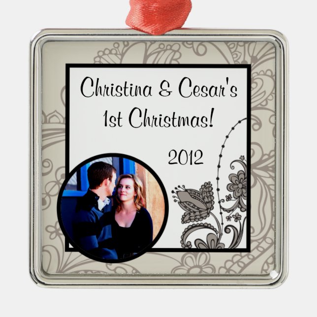 Personalized Custom Ornament Gray Flourish Swirls (Front)