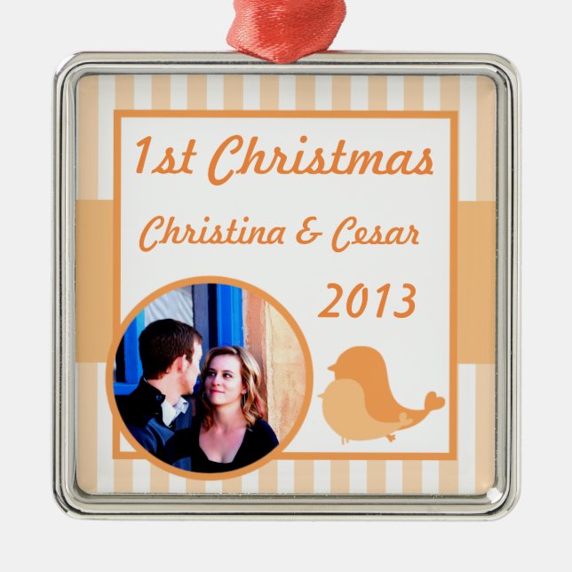 Personalized Custom Ornament Love Birds Peach Stri (Front)