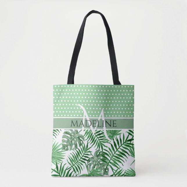 Personalized Custom Palm Leaves White Dots Pattern Tote Bag (Front)