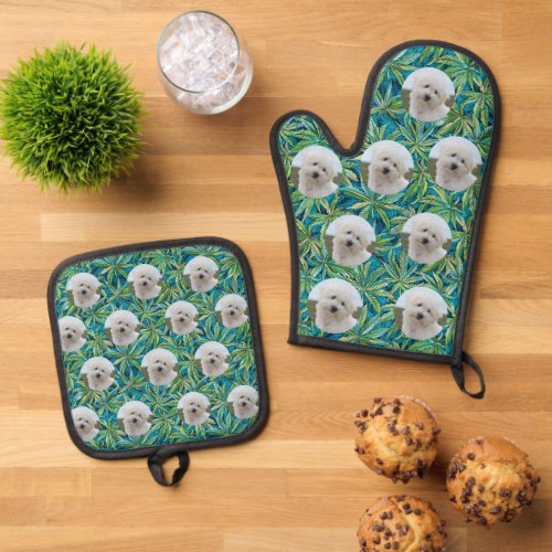 Personalized Custom Pet Dog Photo Weed Pattern Oven Mitt  Pot Holder Set