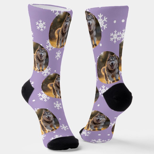 Personalized Custom Photo Blob - Snowflake Husky  Socks (Angled)