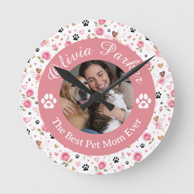 Personalized Custom Photo & Name Pet Lover Round Clock (Front)