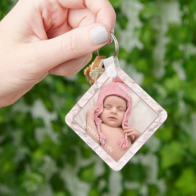 Personalized Custom Photo Pink Marble Pattern Keychain (Hand)