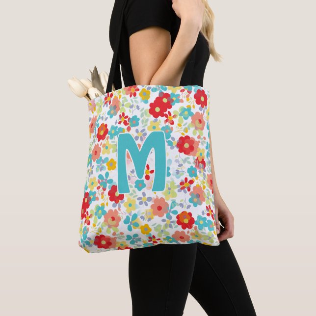 Personalized Custom Pink Aqua Blue Flower Pattern Tote Bag (Close Up)