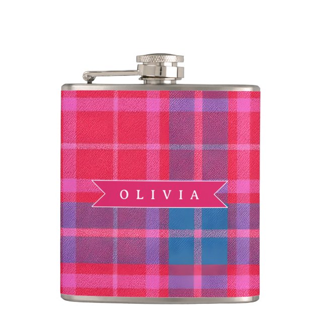 Personalized Custom Pink Fuchsia Plaid Preppy  Flask (Front)