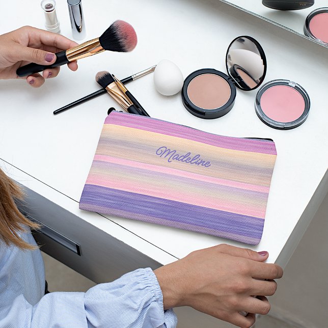 Personalized Custom Pink Violet Purple Stripes Accessory Pouch (Creator Uploaded)