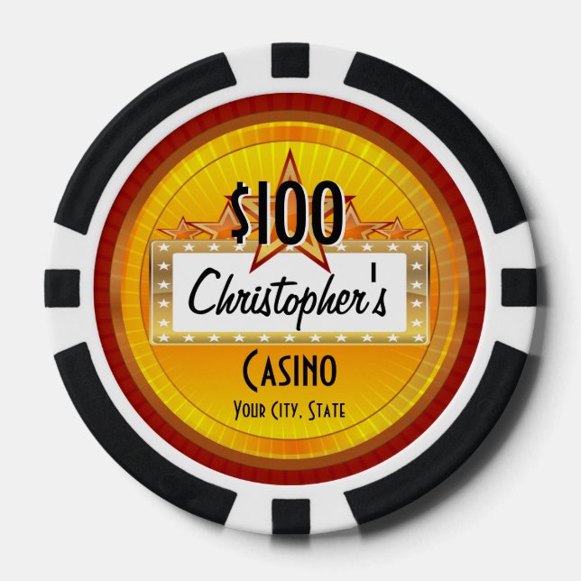 Personalized Custom Poker Chips, Gold/Red Casino Poker Chips (Front)