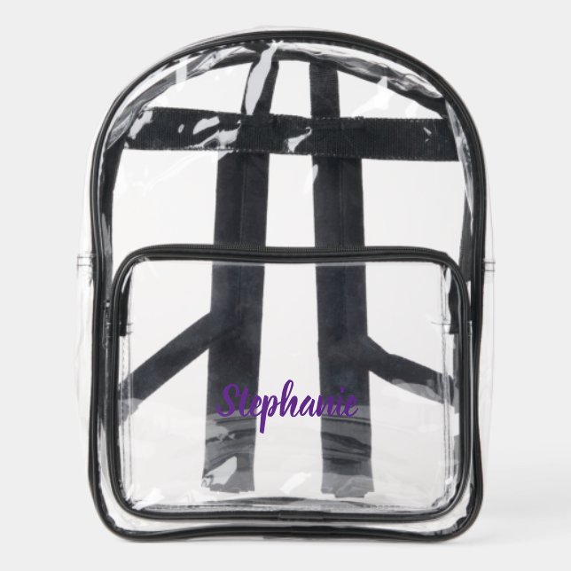 Personalized Custom Purple Script Name Stadium  Clear Backpack (Front)