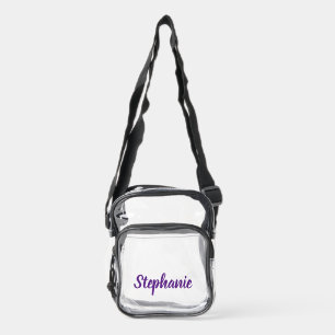 Personalized Custom Purple Script Name Stadium Clear Crossbody Bag