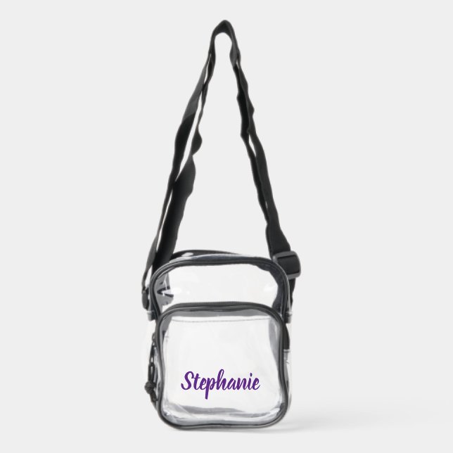 Personalized Custom Purple Script Name Stadium  Clear Crossbody Bag (Front)