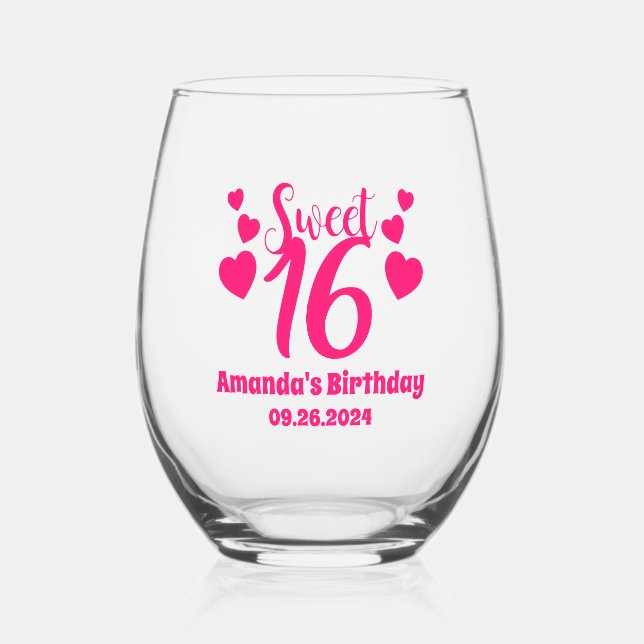 Personalized Custom Sweet 16 Birthday Party Favors Stemless Wine Glass (Front)