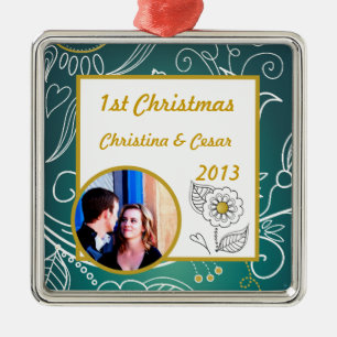 Personalized Custom Teal/Yellow Mustard Floral Dai Metal Ornament