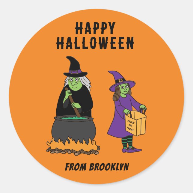 Personalized Custom Text Happy Halloween Witches Classic Round Sticker (Front)