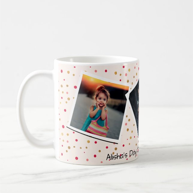 Personalized Custom Text with 3 Photo Collage Pink Coffee Mug (Left)
