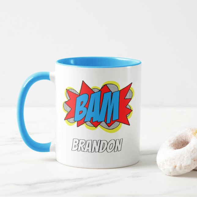 Personalized Custom Vintage Comic Book Style BAM! Mug (With Donut)