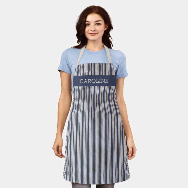 Personalized Custom Vintage Dark Blue Stripes Apron (Worn)