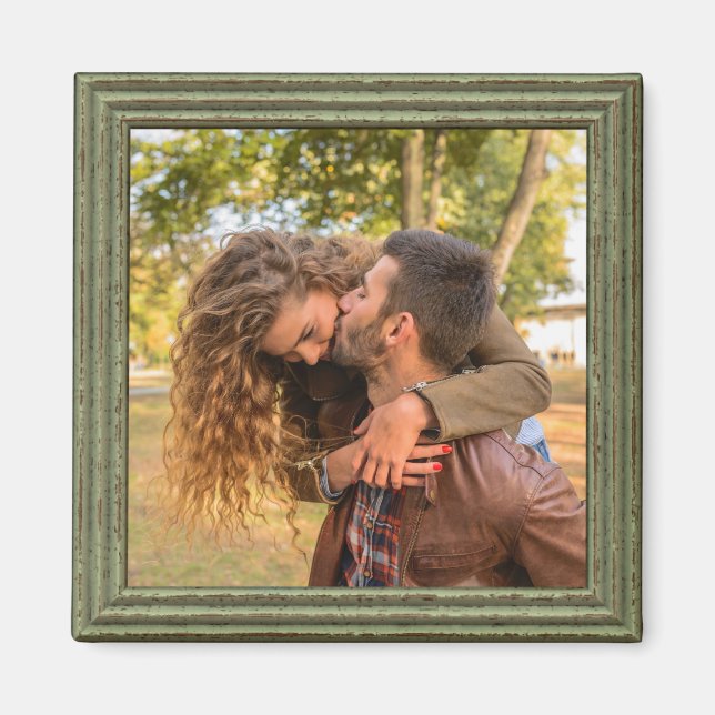 Personalized Custom Vintage Green Wood Photo Frame Magnet (Front)